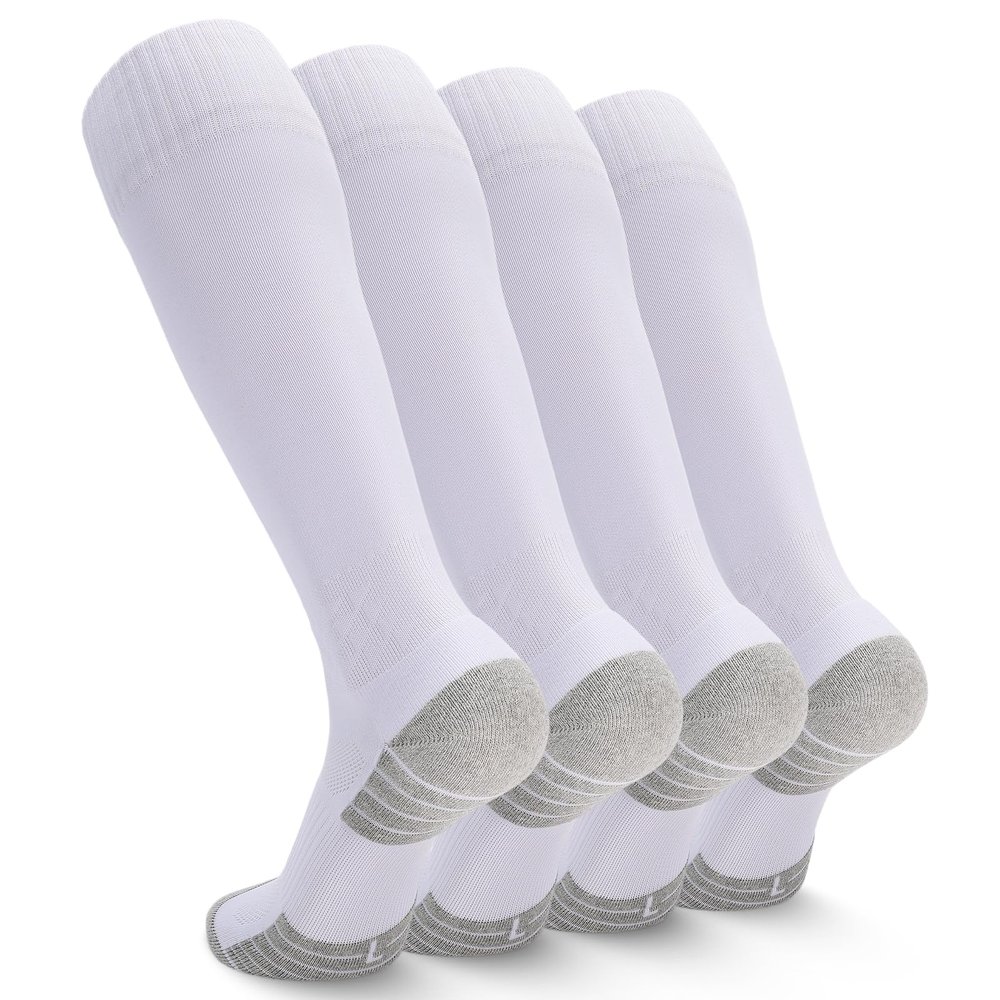 Ultrafun 4 Pairs Soccer Socks Men Youth Kids Cushioned Knee High Team Sports Football Socks (US, Alpha, Large, White)