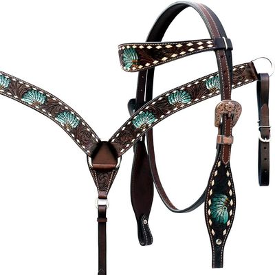 Western Horse Headstall Bridle Breast Collar Reins Tack Set Leather Floral Tooled Handmade Full Cob Pony Breastplate ME-HBC-080 (Cob)