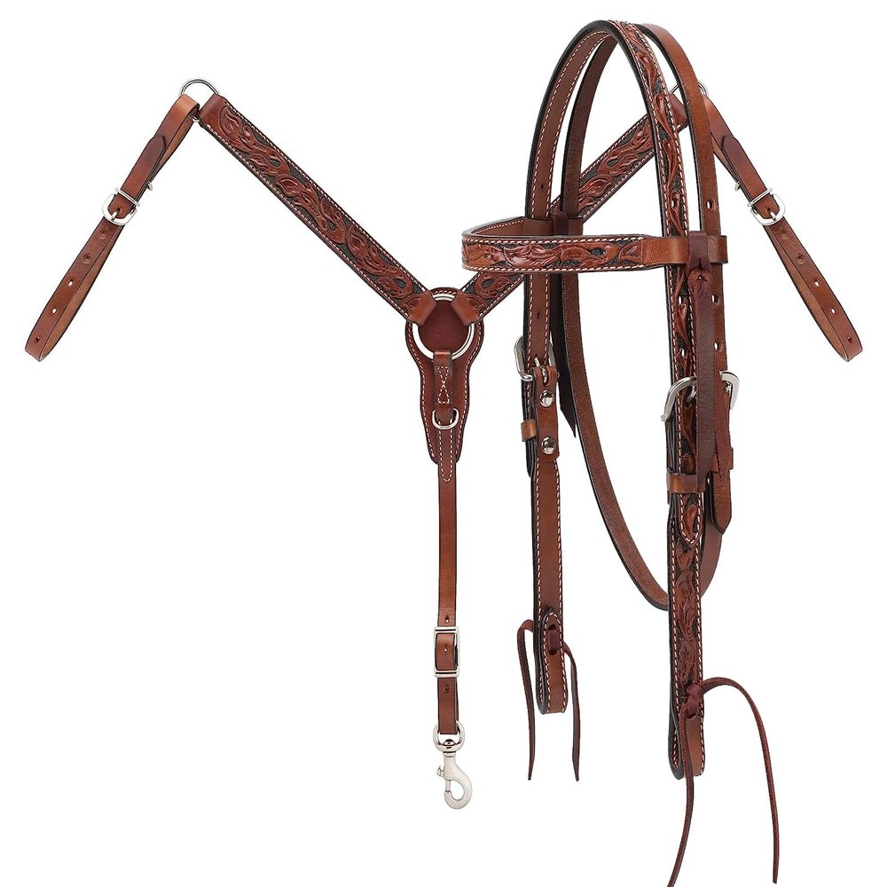 Western Horse Headstall Bridle Breast Collar Reins Tack Set Leather Floral Tooled Handmade Full Cob Pony Breastplate ME-HBC-083 (Pony)