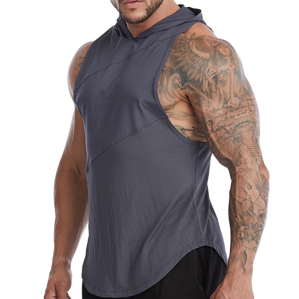 Jueshanzj Men's Fitness Sports Undershirt Hooded Quick Dry Undershirt Grey L