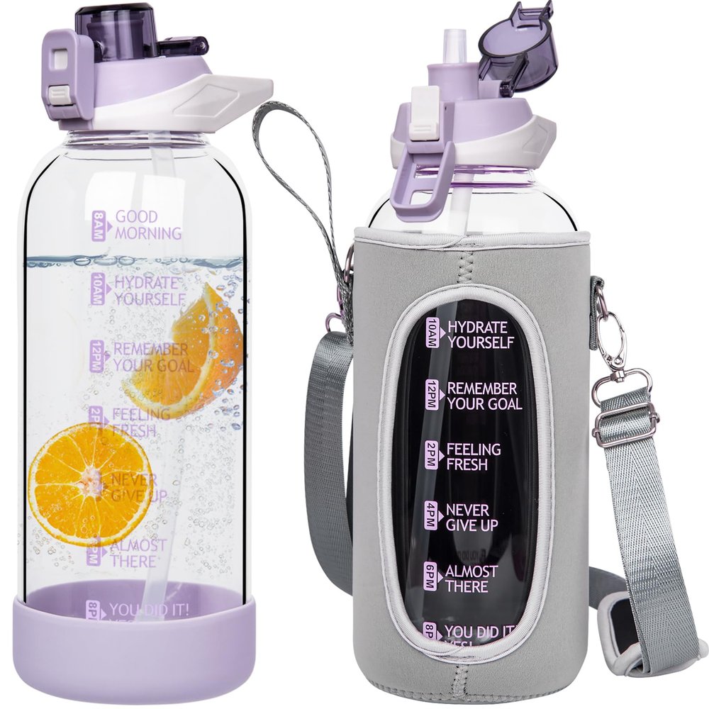 Seekua 48 oz Large Sports Glass Water Bottle with Straw & Time Marker, Motivational Daily Glass Drinking Bottle with Strap for Fruit Infused Water, Smoothie, Coffee