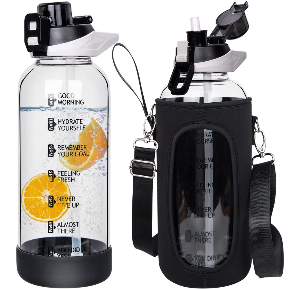Seekua 48 oz Large Sports Glass Water Bottle with Straw & Time Marker, Motivational Daily Glass Drinking Bottle with Strap for Fruit Infused Water, Smoothie, Coffee