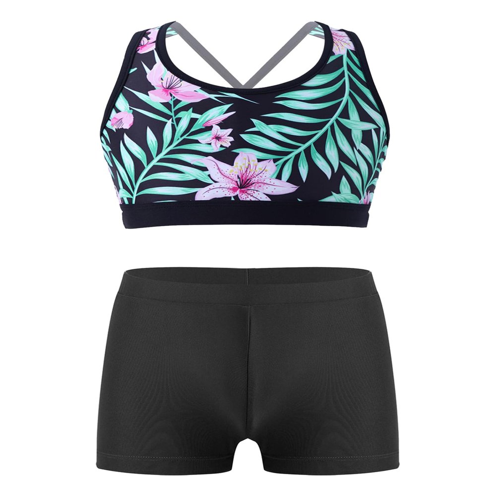 winying Kids Girls 2Pcs Tankini Tracksuit Sport Gymnastics Crop Top with Shorts Swimsuit Swimwear Activewear Black 8 Years
