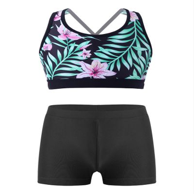 winying Kids Girls 2Pcs Tankini Tracksuit Sport Gymnastics Crop Top with Shorts Swimsuit Swimwear Activewear Black 12 Years