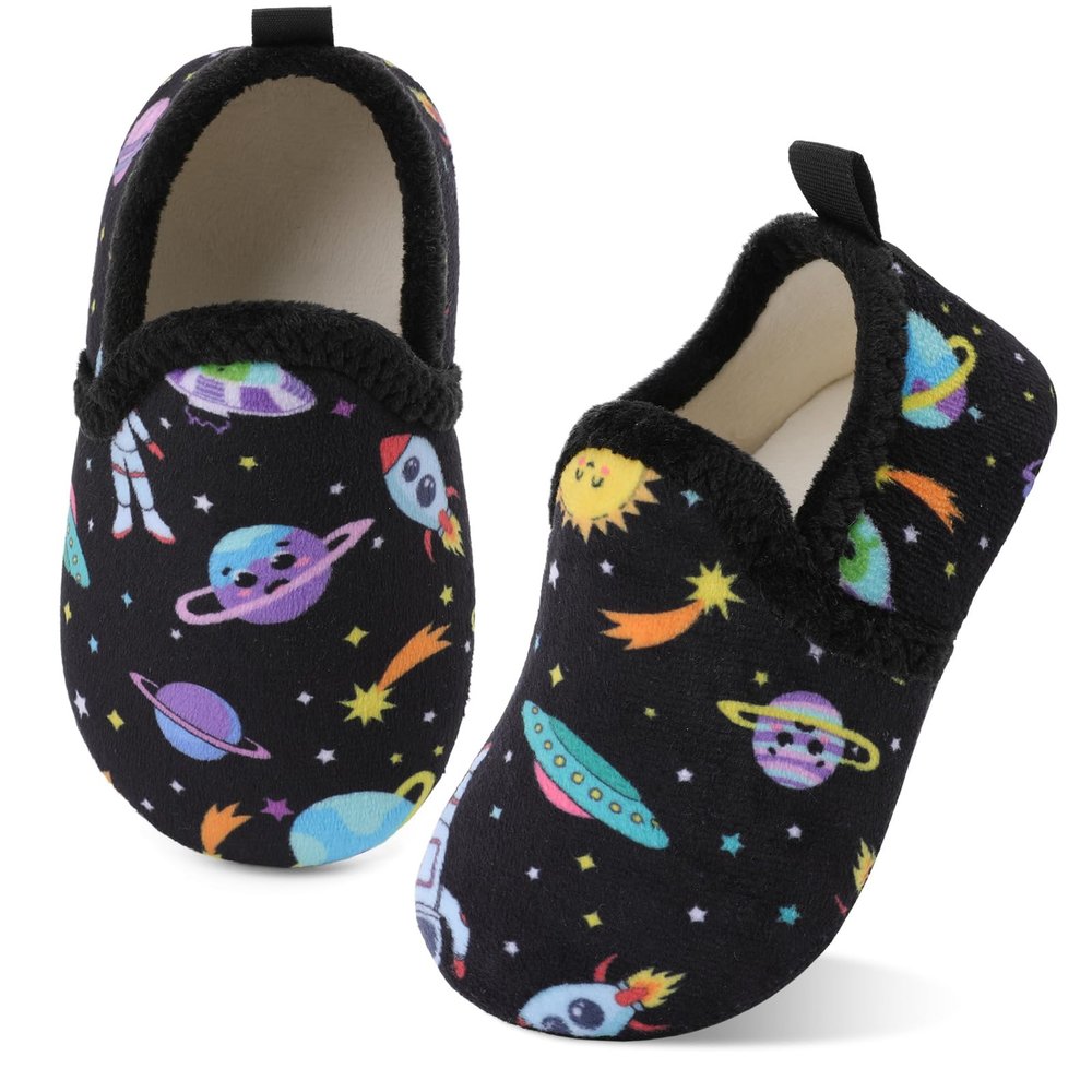 XIHALOOK Cozy Wool House Slippers for Toddler Boys Girls Winter Indoor Household Shoes Universe Planet, 8.5-9 Toddler