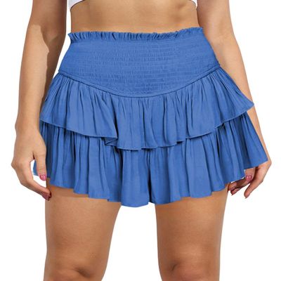 ebossy Women's Pleated Skater Skirt Smocked High Waist Tiered Ruffles Flared Mini Lingerie Skirts (S, Blue)