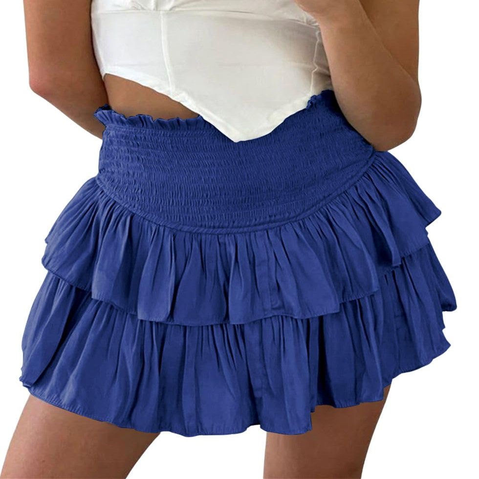 ebossy Women's Pleated Skater Skirt Smocked High Waist Tiered Ruffles Flared Mini Lingerie Skirts (L, Royal Blue)
