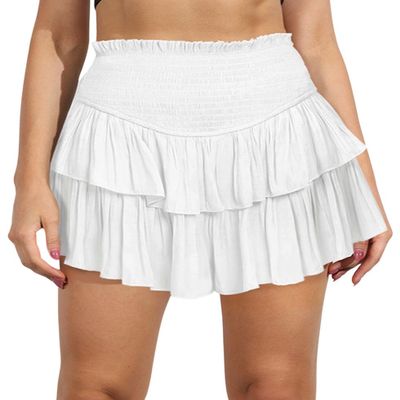 ebossy Women's Pleated Skater Skirt Smocked High Waist Tiered Ruffles Flared Mini Lingerie Skirts (M, White)
