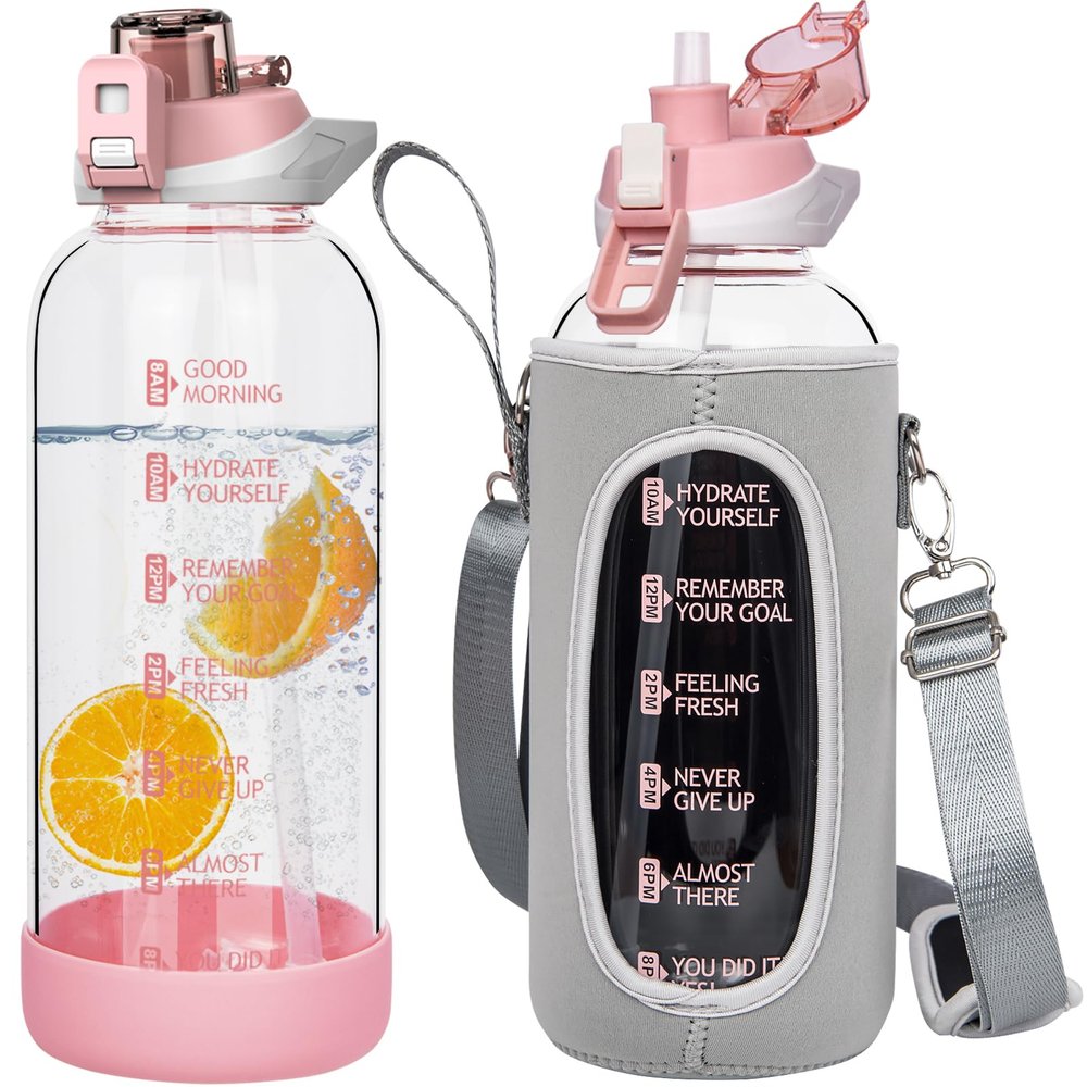 Seekua 48 oz Large Sports Glass Water Bottle with Straw & Time Marker, Motivational Daily Glass Drinking Bottle with Strap for Fruit Infused Water, Smoothie, Coffee