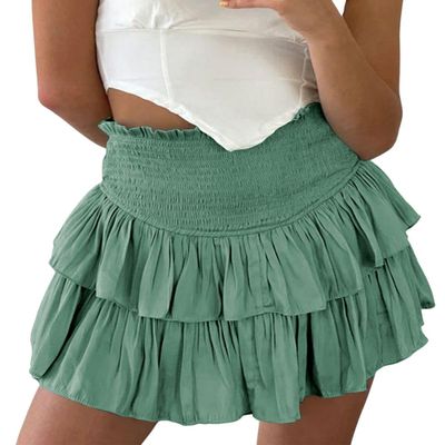 ebossy Women's Pleated Skater Skirt Smocked High Waist Tiered Ruffles Flared Mini Lingerie Skirts (S, Light Green)