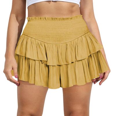 ebossy Women's Pleated Skater Skirt Smocked High Waist Tiered Ruffles Flared Mini Lingerie Skirts (M, Yellow)