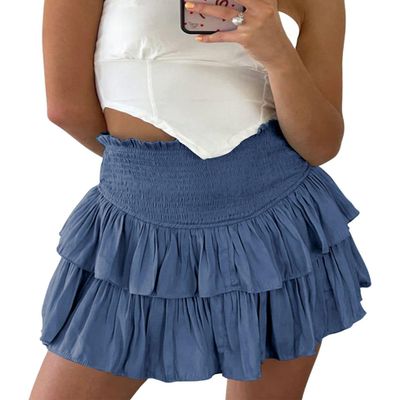 ebossy Women's Pleated Skater Skirt Smocked High Waist Tiered Ruffles Flared Mini Lingerie Skirts (M, Blue Grey)