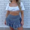 ebossy Women's Pleated Skater Skirt Smocked High Waist Tiered Ruffles Flared Mini Lingerie Skirts (M, Blue Grey) view 3