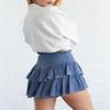 ebossy Women's Pleated Skater Skirt Smocked High Waist Tiered Ruffles Flared Mini Lingerie Skirts (M, Blue Grey) view 4