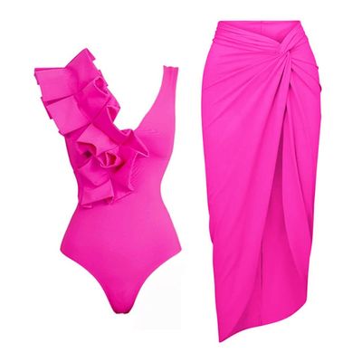 IKADEX Women Bikini Monokini Swimsuit Sarong Wrap Skirt Floral Cover Up Bathing Suit Beachwear #B: Hot Pink M