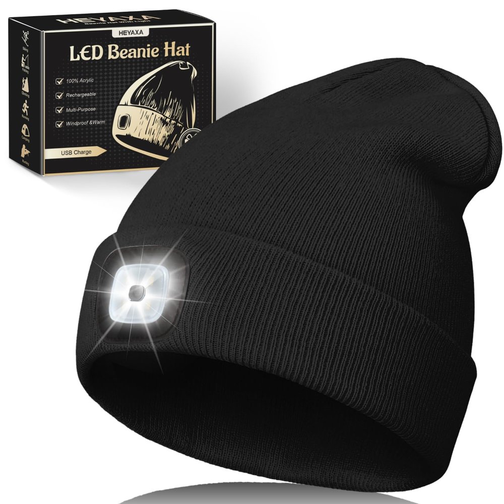 HEYAXA Unisex LED Beanie with Light, Rechargeable Headlamp Hat, Valentines Day & Birthday Gifts for Men Women, Husband, Warm Knitted Cap White Elephant Gifts for Dad Adults Teens Men Women Him