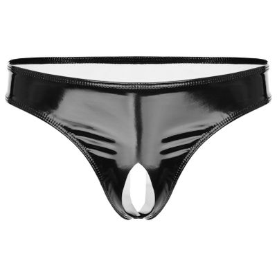 YiZYiF Men's Wetlook Bikini Briefs Underwear Open Front Pouch G-String Thongs Boxer Shorts Panties Black 3X-Large
