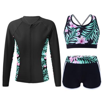 iiniim Kids Girls 3 Piece Swimwear Rash Guard Long Sleeve Shirt Shorts UPF 50+ Swimsuits Bathing Suit Zipper Lily 16 Years