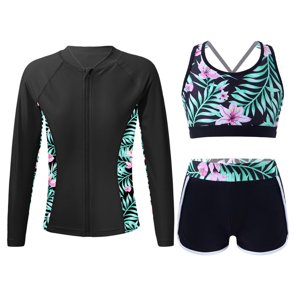 iiniim Kids Girls 3 Piece Swimwear Rash Guard Long Sleeve Shirt Shorts UPF 50+ Swimsuits Bathing Suit Zipper Lily 16 Years