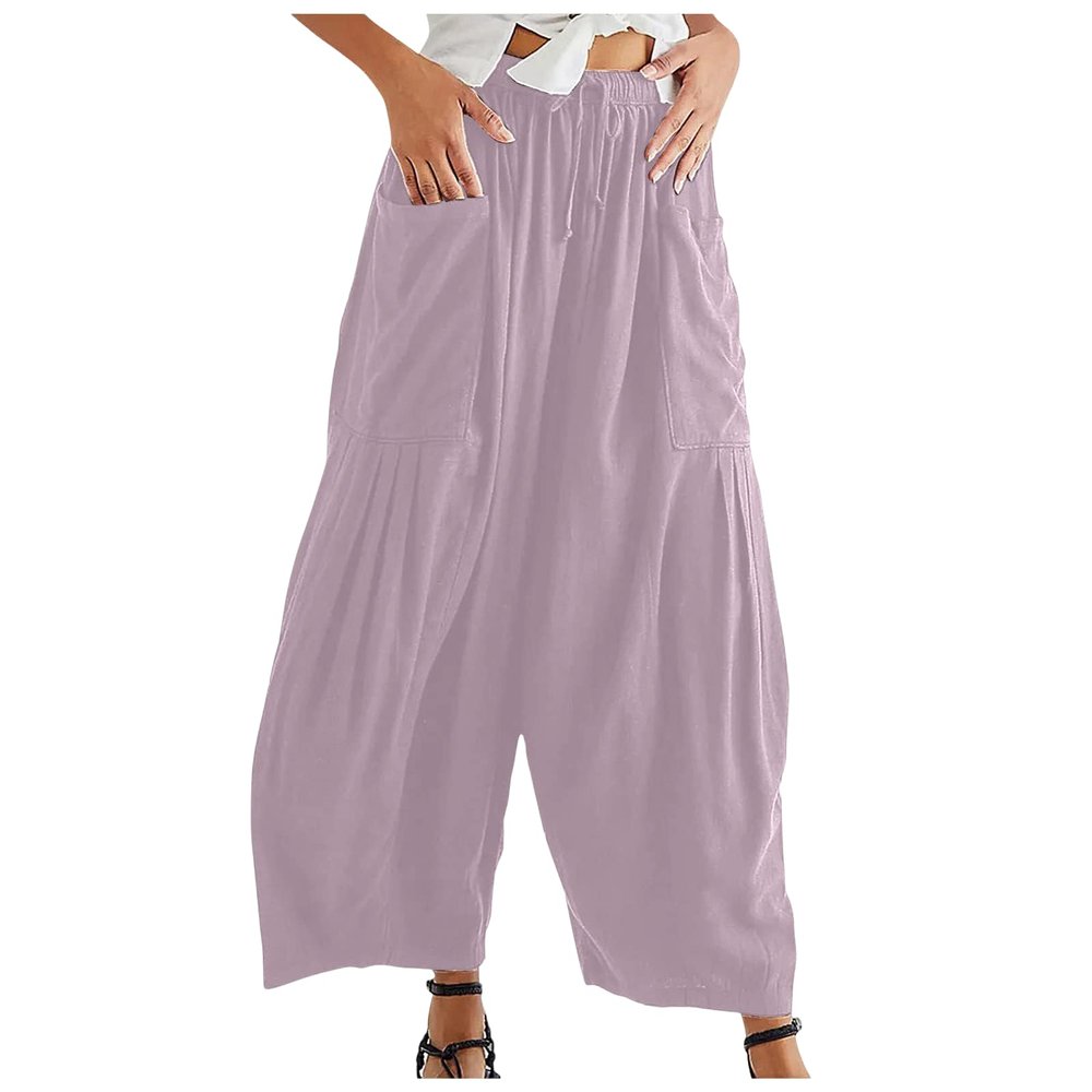 Akivide Womens Cotton Linen Baggy Wide Leg Pant High Waisted Loose Flowy Beach Summer Palazzo Trouser with Pockets