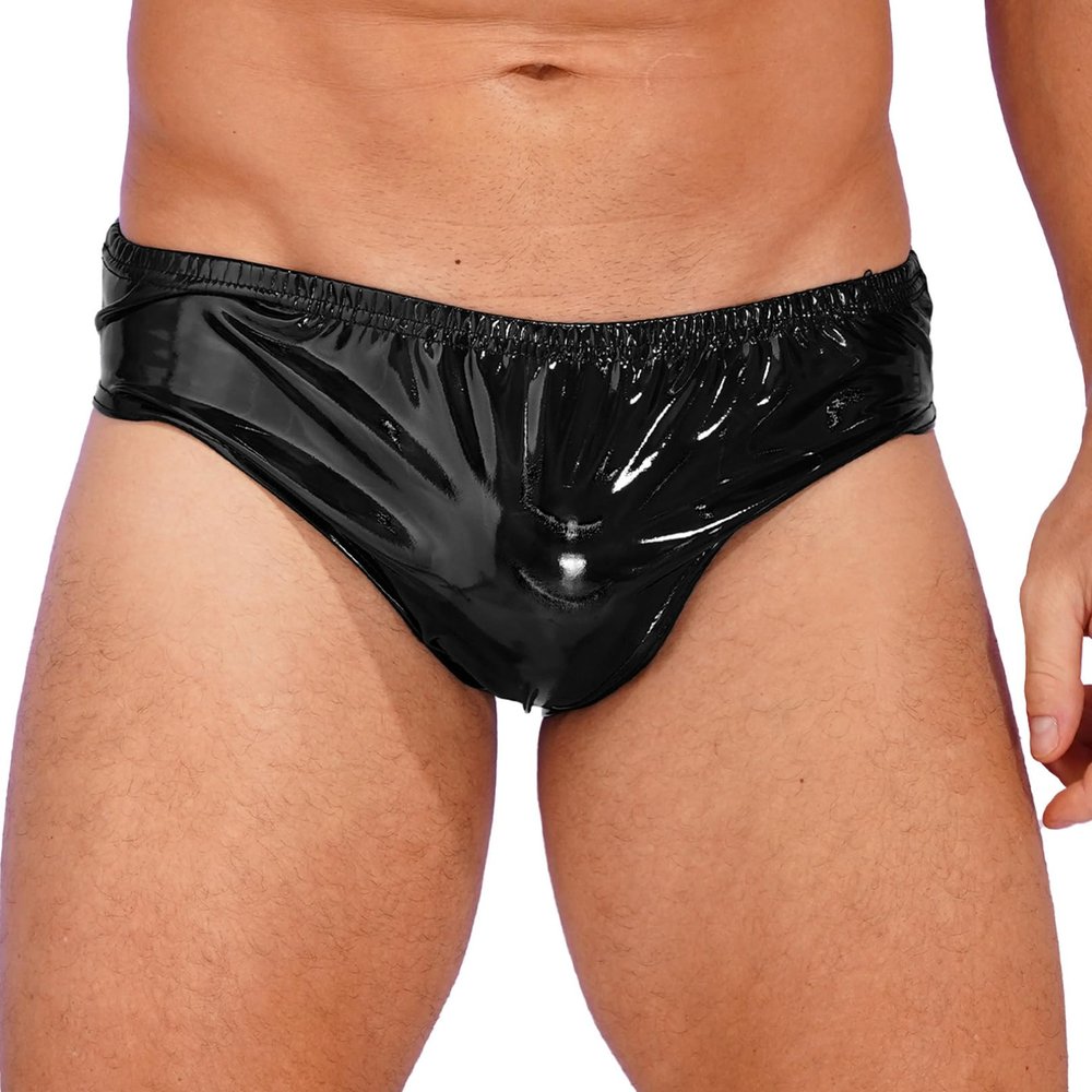 Agoky Men's Shiny Metallic Underwear Bulge Pouch Swim Briefs Trunks Elastic Waistband Underpants Black Large
