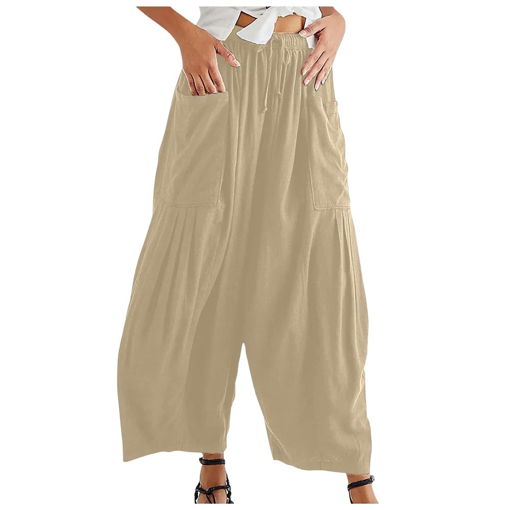 Akivide Womens Cotton Linen Baggy Wide Leg Pant High Waisted Loose Flowy Beach Summer Palazzo Trouser with Pockets