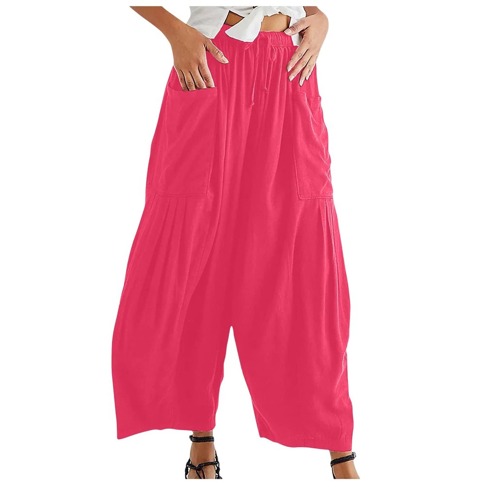 Akivide Womens Cotton Linen Baggy Wide Leg Pant High Waisted Loose Flowy Beach Summer Palazzo Trouser with Pockets