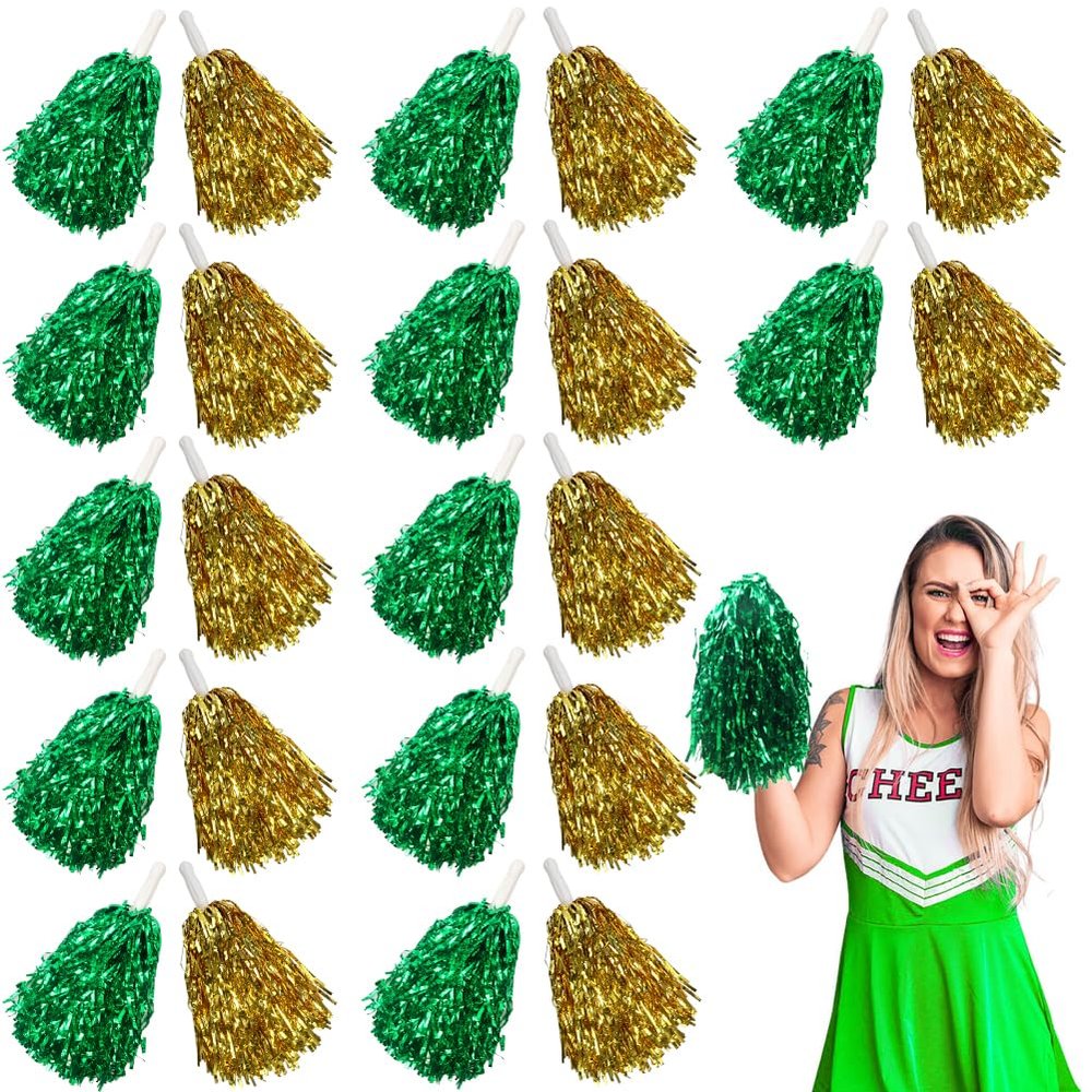 Lovecheer 24PCS Green and Gold Metallic Pom Poms with Handle - Cheering Squad Team Spirit for Party, Dance, Sports, Gifts