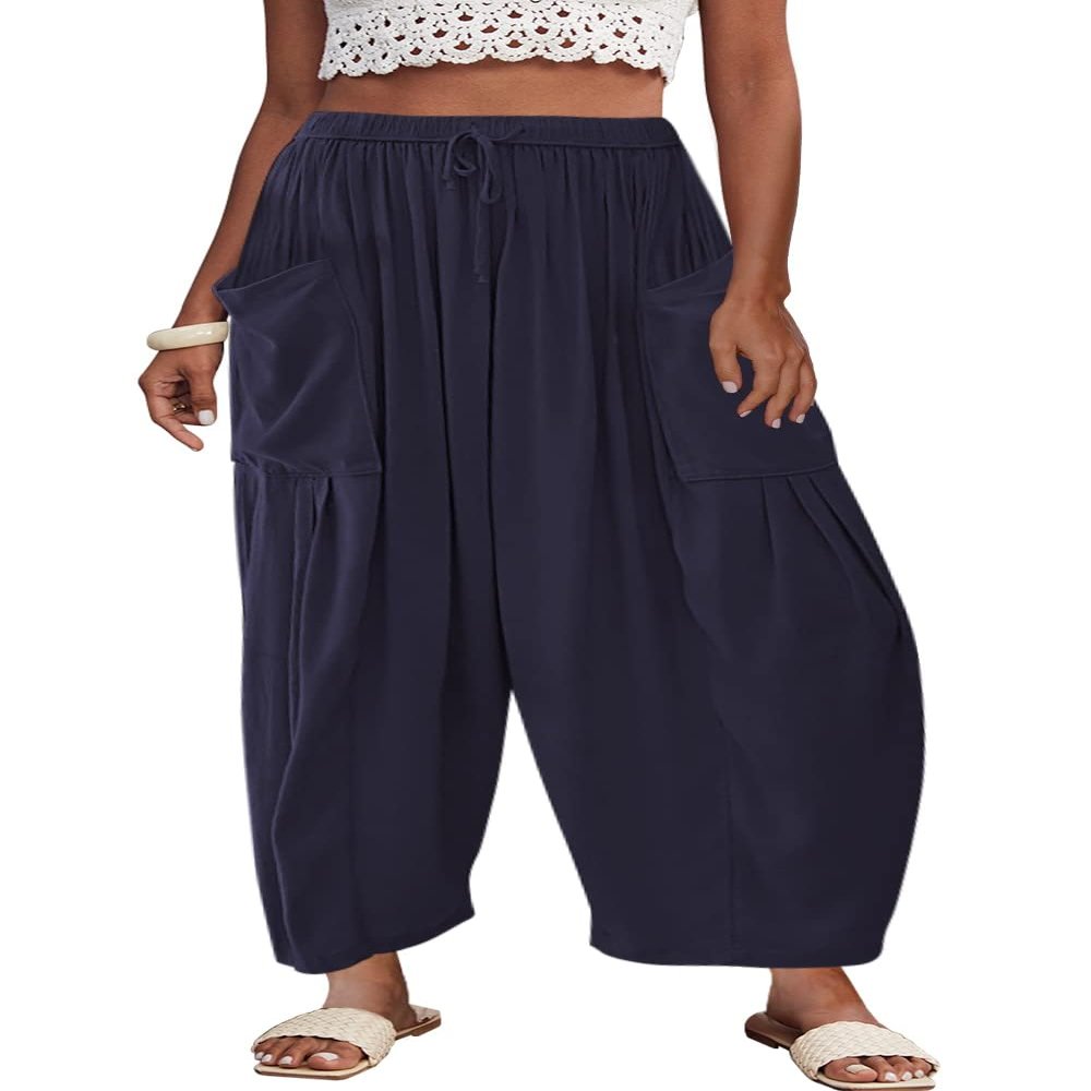 Akivide Womens Cotton Linen Baggy Wide Leg Pant High Waisted Loose Flowy Beach Summer Palazzo Trouser with Pockets