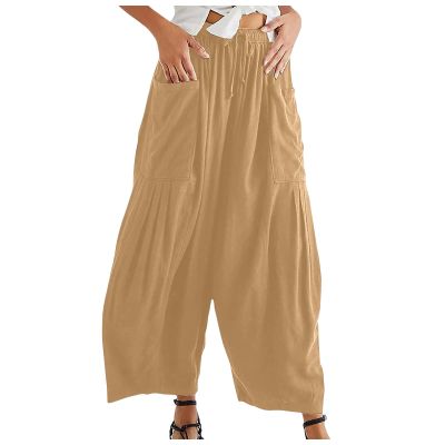 Akivide Womens Cotton Linen Baggy Wide Leg Pant High Waisted Loose Flowy Beach Summer Palazzo Trouser with Pockets