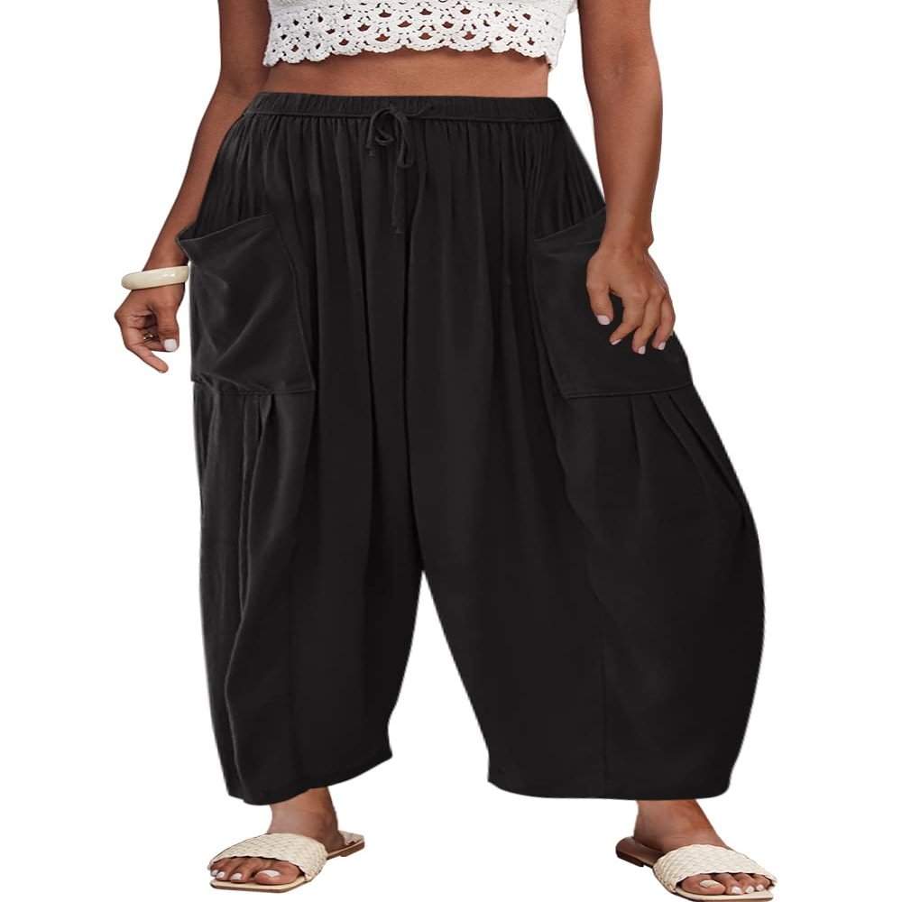 Akivide Womens Cotton Linen Baggy Wide Leg Pant High Waisted Loose Flowy Beach Summer Palazzo Trouser with Pockets