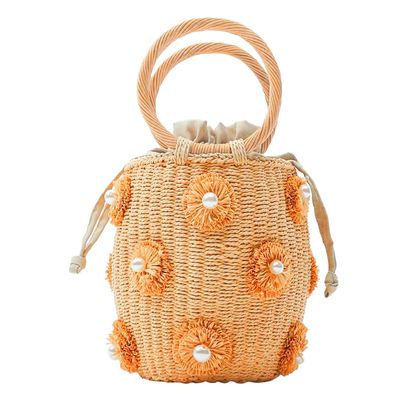 Straw Woven Handbag Bucket, Boho Summer Beach Travel Vacation Flower Pearls Rattan Tote Bag Drawstring Straw Bucket Bag for Women