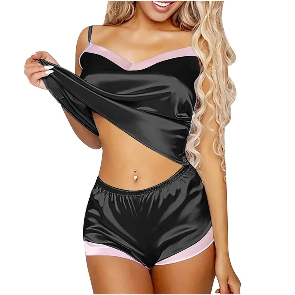 Women's Sexy Silk Satin Pajamas Sets Ladies Cami Tops and Shorts Pjs Sets Casual V Neck Loose Sleepwear Pajama Set