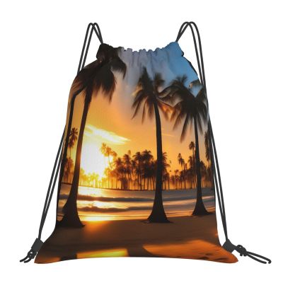 Beach Sunrise And Backlit Palm Trees Unisex Simple Leisure Drawstring Bag,Gym Drawstring Bags,Outdoor Portable Backpack Storage Bags
