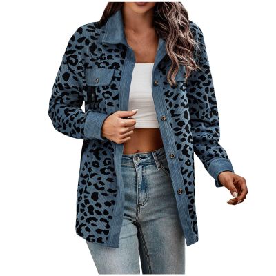 Womens Corduroy Button Down Shirt Jackets Color Block Long Sleeve Oversized Leopard Print Shacket Jacket Blouses Tops