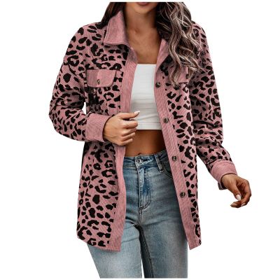 Womens Corduroy Button Down Shirt Jackets Color Block Long Sleeve Oversized Leopard Print Shacket Jacket Blouses Tops