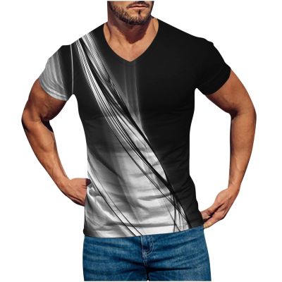 Muscularfit V Neck Shirts for Men 2023 Fashion Casual Short Sleeve Line Print Summer T Shirt Slim Fit Muscle Workout Top Tees Hawaiian Shirts Black M