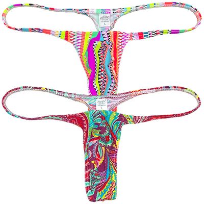 Jaxu Hot Men's Flex Micro Thong Underwear Male Slim Pouch Bikini Tangas Hombre Thin Belt G-string Minimum Coverage T-back 2-Pack(red sawtooth,brown twine pattern) L