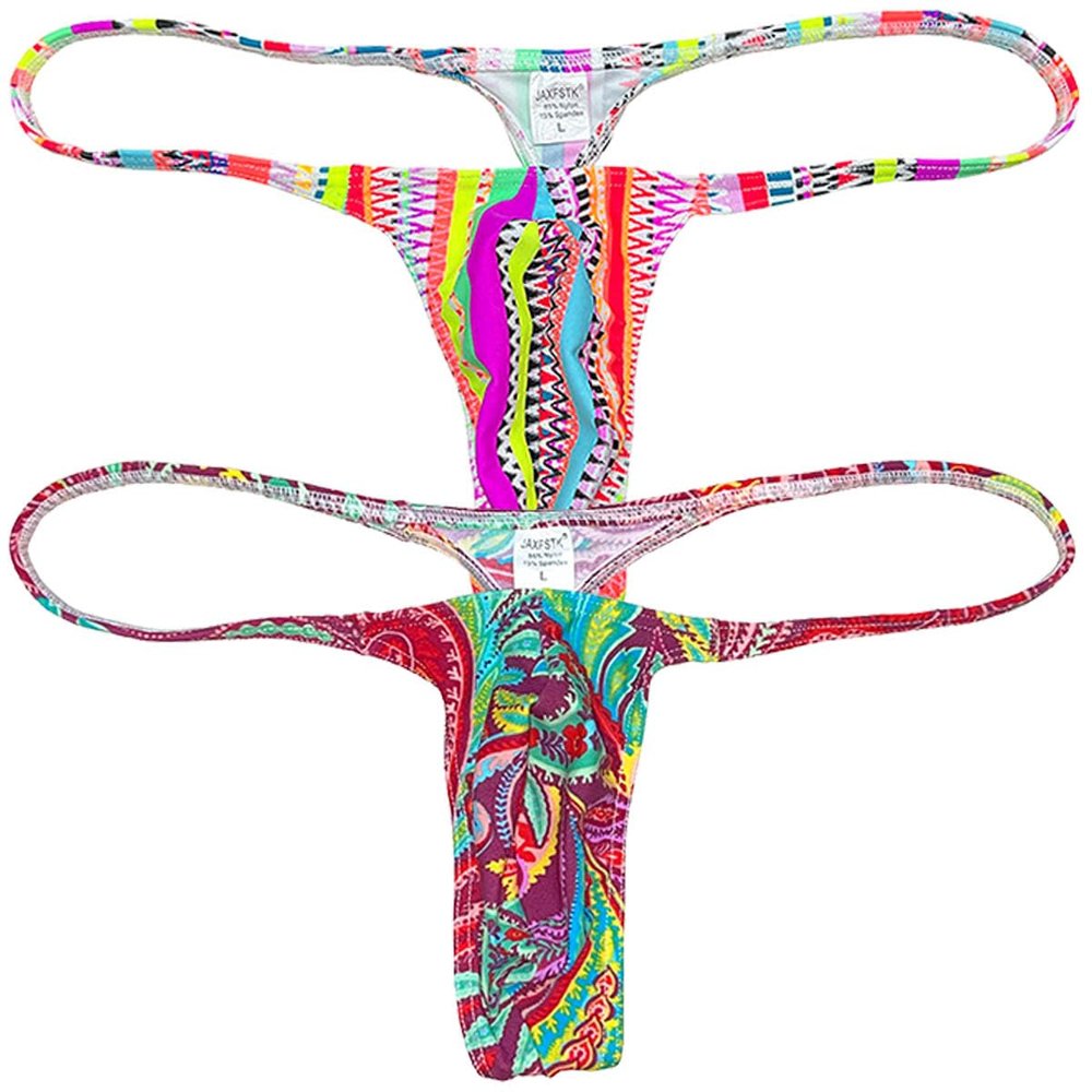 Jaxu Hot Men's Flex Micro Thong Underwear Male Slim Pouch Bikini Tangas Hombre Thin Belt G-string Minimum Coverage T-back 2-Pack(red sawtooth,brown twine pattern) L