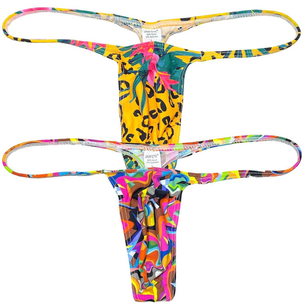 Jaxu Hot Men's Flex Micro Thong Underwear Male Slim Pouch Bikini Tangas Hombre Thin Belt G-string Minimum Coverage T-back 2-Pack(yellow spot,color scrawl) M