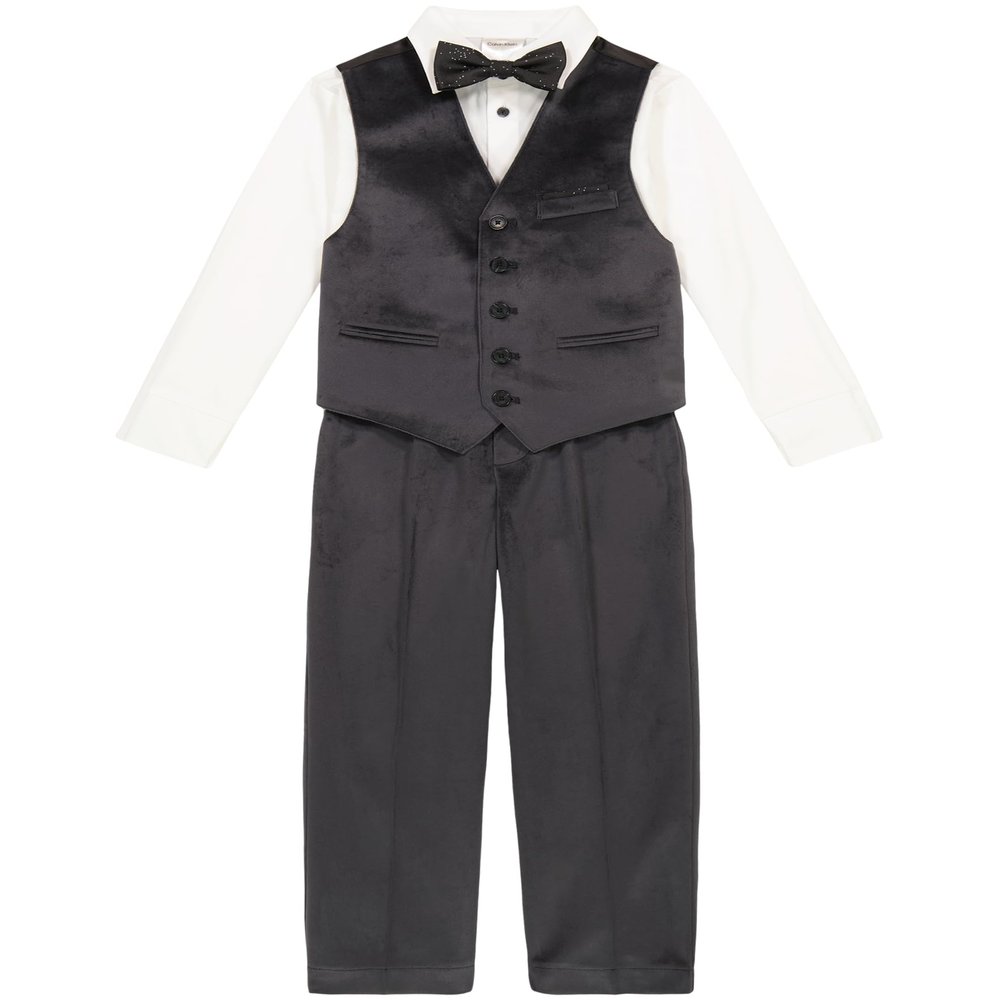 Calvin Klein Boys' 4-Piece Formal Suit Set, Includes Dress Shirt with Bow Tie, Suit Vest & Dress Pants, Tech Ebony, 6