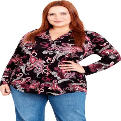 EVANS Women's Plus Size Jersey Print Shirt, Paisley Wine