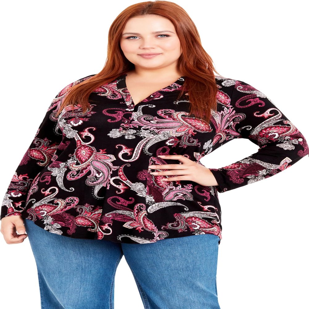 EVANS Women's Plus Size Jersey Print Shirt, Paisley Wine