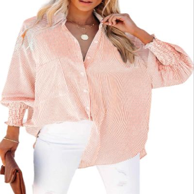 Womens Smocked Cuffed Striped Boyfriend Shirt Casual Collar Long Sleeve Oversized Button Down Blouse Tops with Pocket Shirred Nude