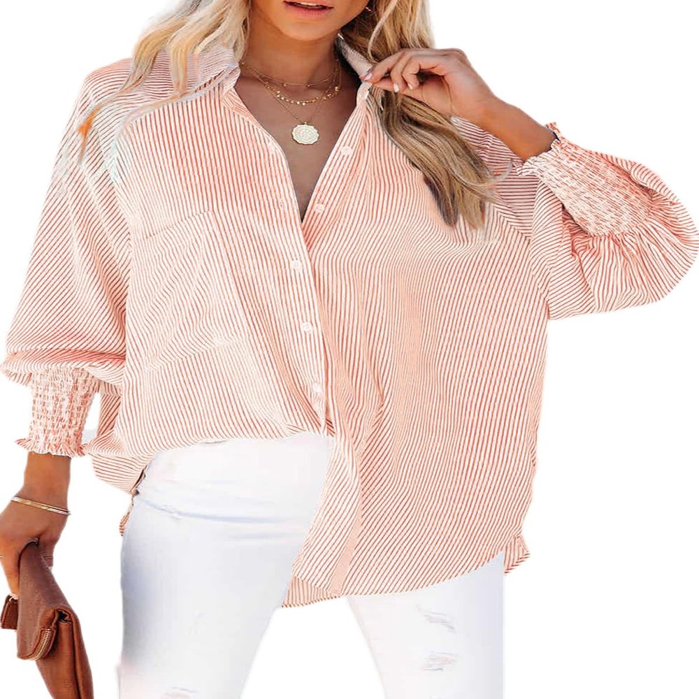 Womens Smocked Cuffed Striped Boyfriend Shirt Casual Collar Long Sleeve Oversized Button Down Blouse Tops with Pocket Shirred Nude