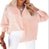 Womens Smocked Cuffed Striped Boyfriend Shirt Casual Collar Long Sleeve Oversized Button Down Blouse Tops with Pocket Shirred Nude view 1