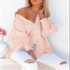 Womens Smocked Cuffed Striped Boyfriend Shirt Casual Collar Long Sleeve Oversized Button Down Blouse Tops with Pocket Shirred Nude view 3