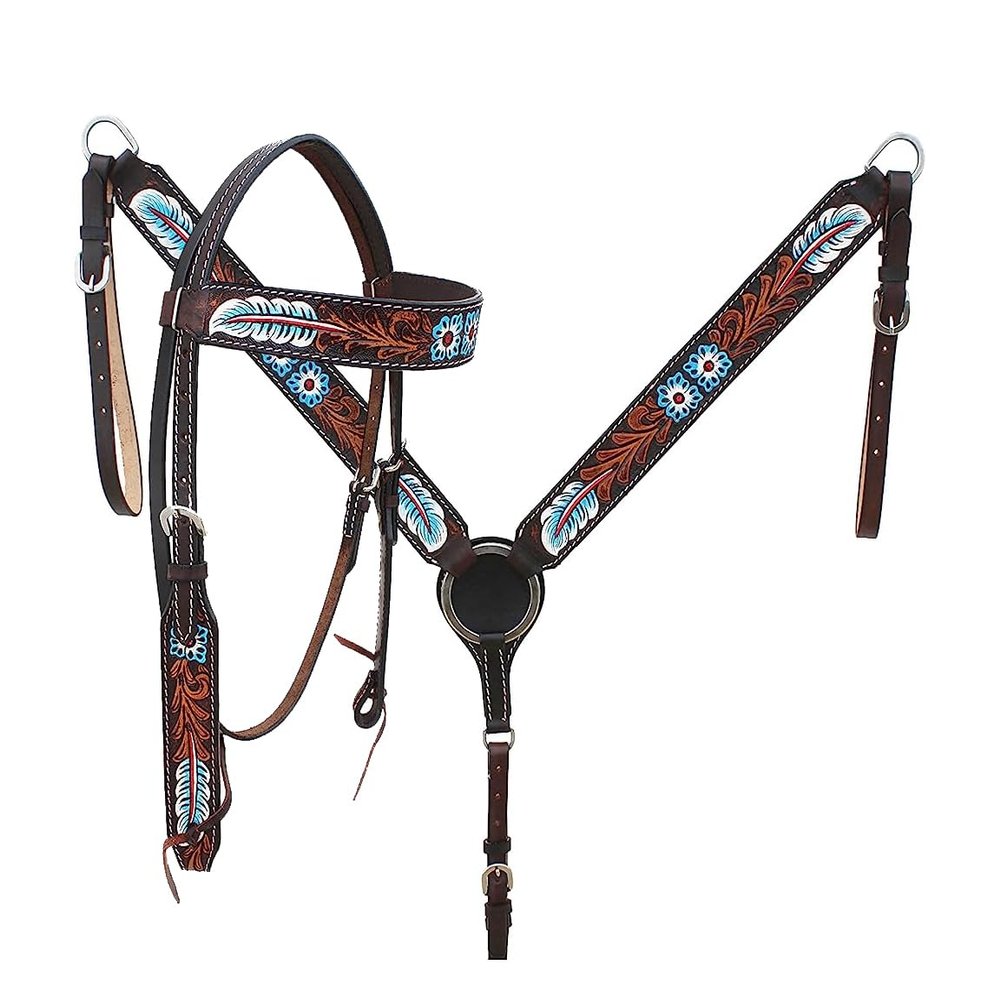 Western Horse Headstall Bridle Breast Collar Reins Tack Set Leather Floral Tooled Handmade Full Cob Pony Breastplate ME-HBC-085 (Cob)