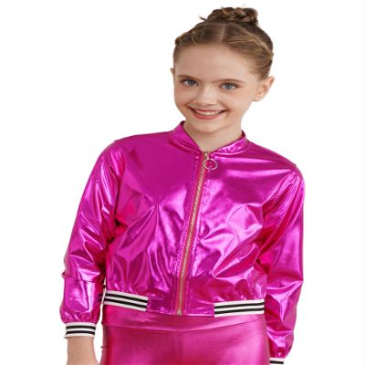 easyforever Kids Girls Shiny Metallic Baseball Jacket Long Sleeve Sparkle Holographic Bomber Jacket Coat Outerwear Rose 8 Years