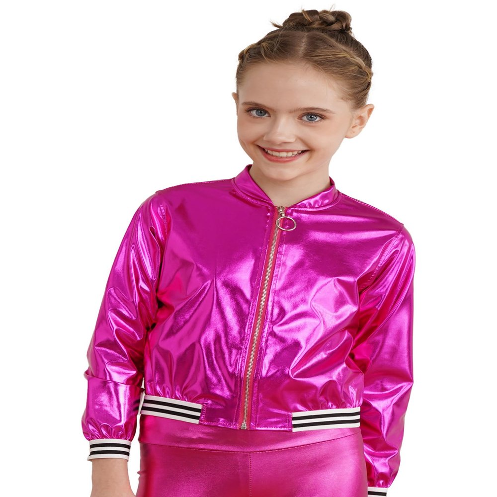 easyforever Kids Girls Shiny Metallic Baseball Jacket Long Sleeve Sparkle Holographic Bomber Jacket Coat Outerwear Rose 8 Years